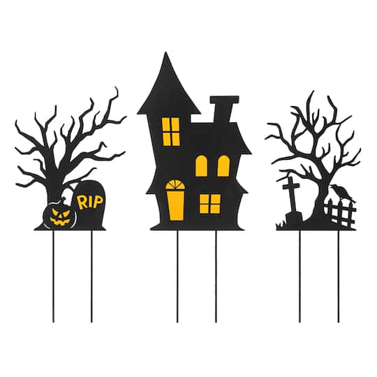 Glitzhome® 2Ft Halloween Metal Silhouette Haunted House and Ghost Tree Yard Stake Set in Black | 10.25" x 24" | Michaels®